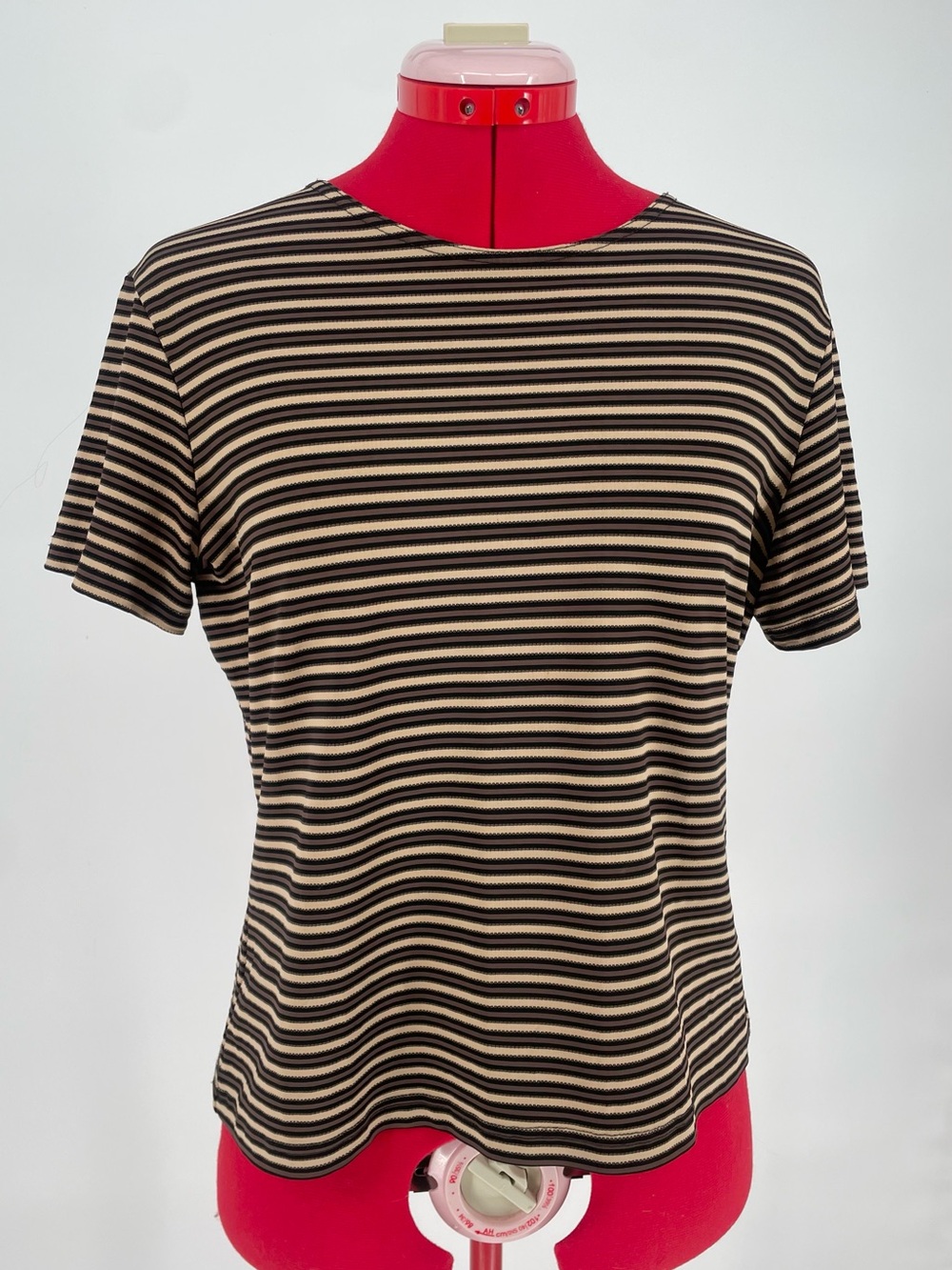 80s 90s Talbots Brown Tan Neutral Striped Stretchy T-shirt Casual Crew Neck